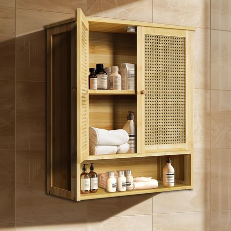 Meuble Salle de Bain en Bambou: Armoire WC Mural Rangement de Toilette Suspendu Placard Mural avec Étagère Hauteur Réglable - 59x20.5x66.5cm (1/5)
