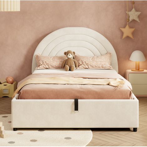 Letto imbottito per bambini in velluto beige 140x200 cm con testiera, vano contenitore idraulico e rete a doghe (1/5)
