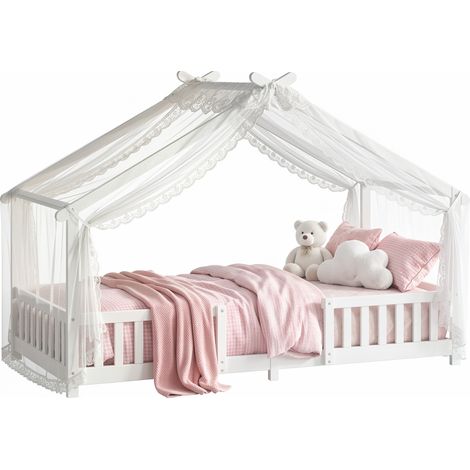 AIYAPLAY Wooden Kids Single House Bed Frame with Dual Guardrails, White (1/5)