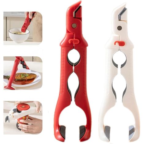 Lot de 2 pinces pour plats chauds — Ouvre-boîte intégré, résistantes à la chaleur et anti-brûlure (Rouge + Blanc) (1/5)