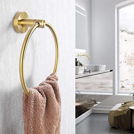 Portasciugamani ad anello in oro spazzolato, diametro 16 cm, moderno portasciugamani da parete in acciaio inox (1/3)