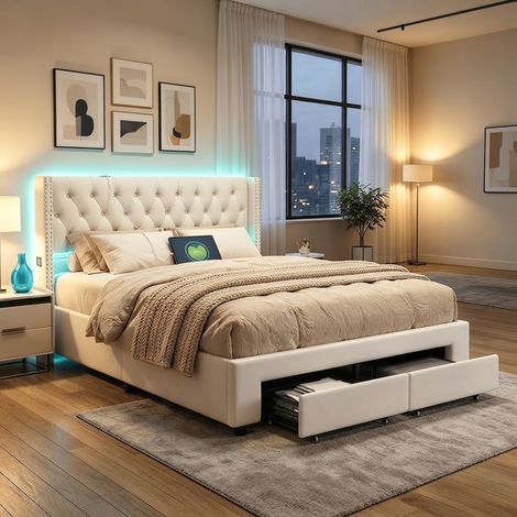 SYEKLAOO Lit Double Rembourré avec Éclairage LED et Port USB, lits Coffre avec Sommier à Lattes et 2 Tiroirs,Capacité de charge 300 kg ,Montage facile,Velours,Beige -140 x 190 cm (1/5)