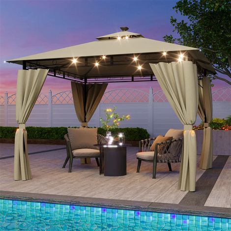 Fuleadture Pavillon de jardin extérieur 3 x 3 m avec éclairage LED, étanche et résistant au soleil — Pergola à double toit pour 4 à 6 personnes (1/5)