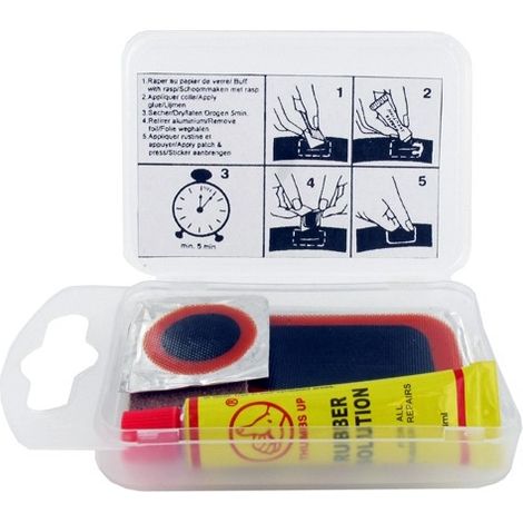 Kit réparation chambre à air SHAK avec 2 rustines diamètre 20 mm et 5 rustines 45x25 mm + colle et abrasif (1/2)