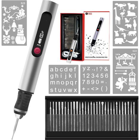 Stylo de gravure, outil portable sans fil ultime pour artistes et bricoleurs Gravez plus de 50 surfaces Adapté aux débutants Rechargeable XU,30 embouts, guide de maîtrise et pochoirs-kzq (1/5)