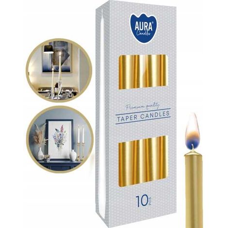Candele da tavolo affusolate AURA, oro metallizzato, altezza 7 pollici, 10 pezzi. s30-213