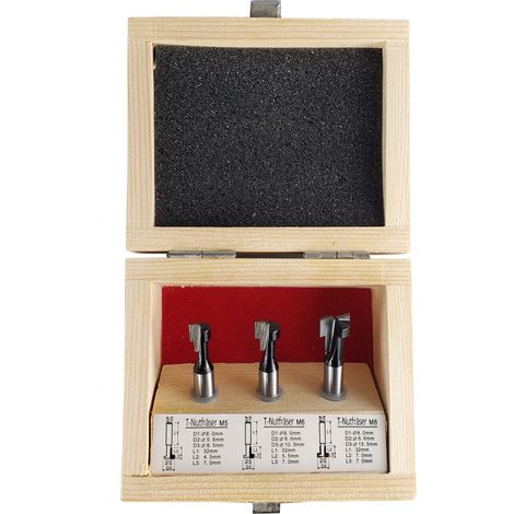 STIER T-Nutfräser-Set 3-teilig M5 M6 und M8 Schrauben, 8 mm Schaft, für Oberfräsen, T Nut Fräser, T Nutfräser