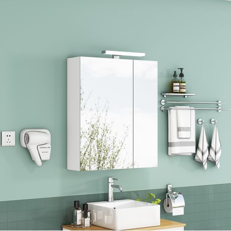 Meuble de salle de bain miroir 60 cm avec LED, prise française, portes asymétriques HAVRYA (1/5)