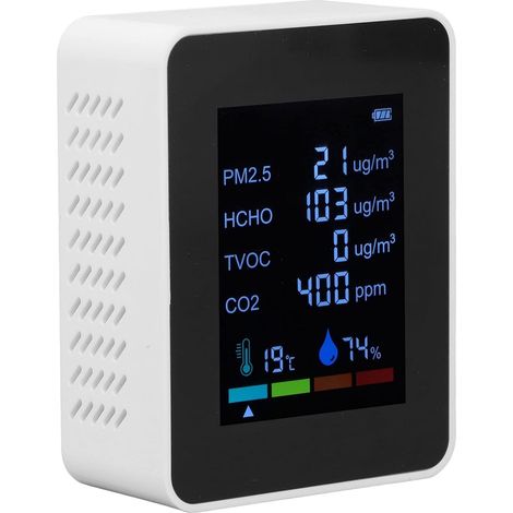 Monitor de CO2, monitor de calidad del aire 6 en 1, pantalla a color inteligente, detecta y muestra CO2, TVOC, HCHO, PM2.5, temperatura y detector de dióxido de carbono (blanco) (1/5)