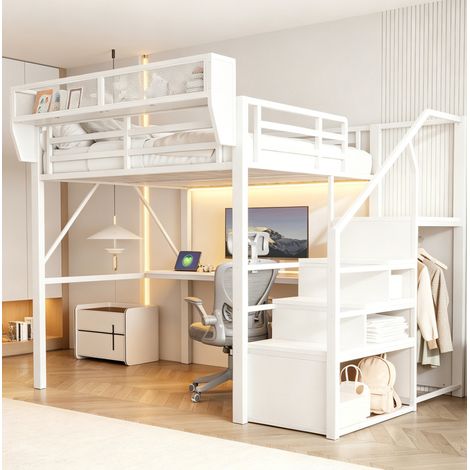 Cama alta 140x200 cm blanca de metal y MDF con escritorio, estantería modular y tira LED (1/5)