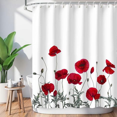 Filiyano-Rideau de douche à motifs de coquelicots, rideau de douche rouge à fleurs pour salle de bain, rideau de douche rouge à fleurs avec crochets (1/4)