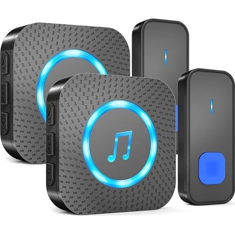 Sonnette sans fil avec 2 boutons poussoirs & 3 récepteurs - Portée de 400m, étanche IP55 - 55 mélodies & 5 niveaux de volume avec flash LED - Noir - 1 Set (1/5)