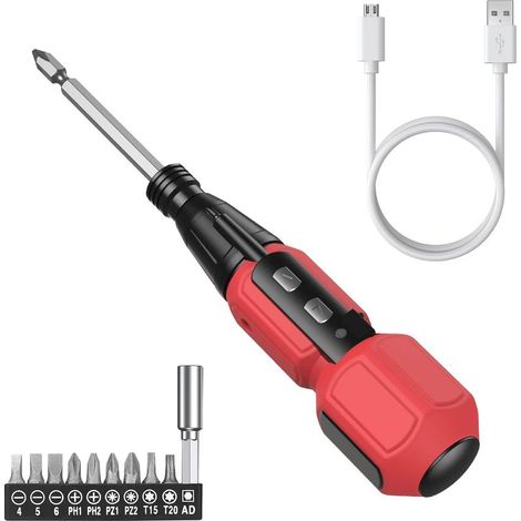 Präzisionsschraubendreher-Set, USB-aufladbarer Akkuschrauber mit LED-Leuchte, 9 Schraubendreherbits, automatischer und manueller Modus, tragbares Reparaturwerkzeug, rot (1/5)