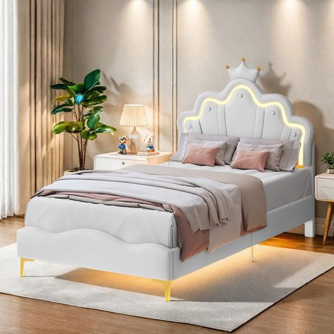 Lit simple enfant 90 x 200 cm Blanc - Lit princesse couronne - Cuir PU imperméable - Bande lumineuse LED réglable - Sommier à latte