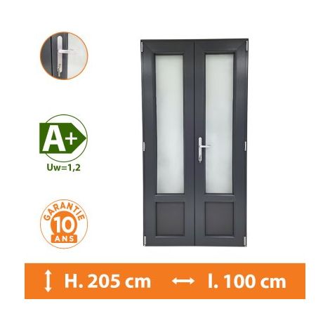 Direct Fenêtres – Porte-fenêtre PVC 2 vantaux gris anthracite – H.205 x l.100 cm – Double vitrage 4/16/4 – Isolation thermique A+