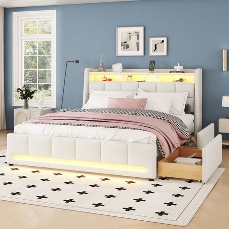 DESVIAE Lit rembourré 140 x 200 cm avec led usb rangement tête de lit et 2 tiroirs beige en lin et mdf (1/5)