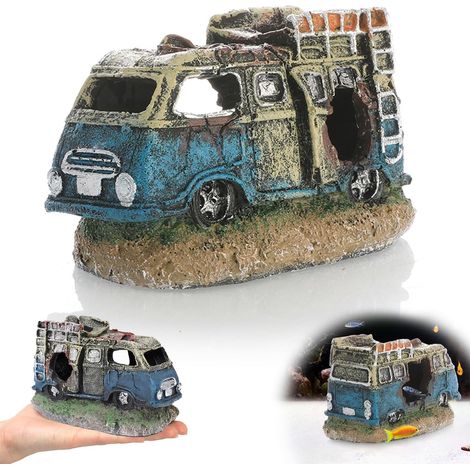 Décoration pour Aquarium en Résine, Ornement Simulation Épave de Bus, Simulation Voiture Épave, Ornement Aquatique Paysager, Habitat pour Poissons, Abri de Jeu et Repos pour Poissons (D) (1/5)