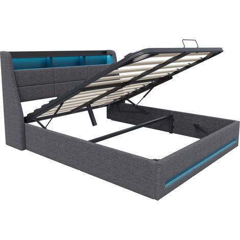 Eifson – Lit coffre double 160x200 cm – Éclairage LED orientable – Rangement hydraulique – Chargement USB – Structure métal – Lin gris