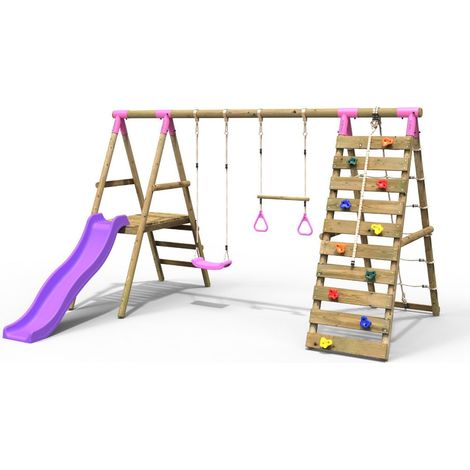 Rebo Wooden Swing Set with Deck and Slide plus Up and Over Climbing Wall - Jasper Pink