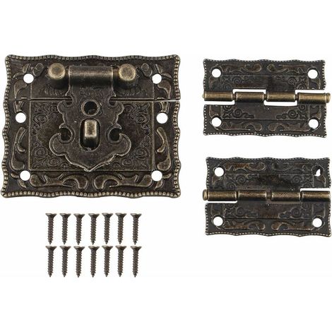 1 serrure à moraillon et 2 charnières avec vis, de couleur bronze, pour meuble, armoire ou boîte à bijoux, au design vintage antique.