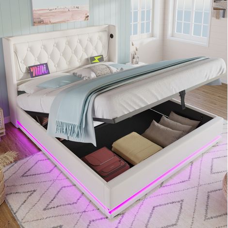 Cama doble 180x200 cm en PU blanco con arcón hidráulico, sin colchón – MEUBLIV (1/5)