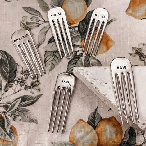 Cheese Markers - Vintage Silverplate Hand Stamped Fork Set - For Charcuterie Board And Cheese Platters - 5 Pieces (1/5)