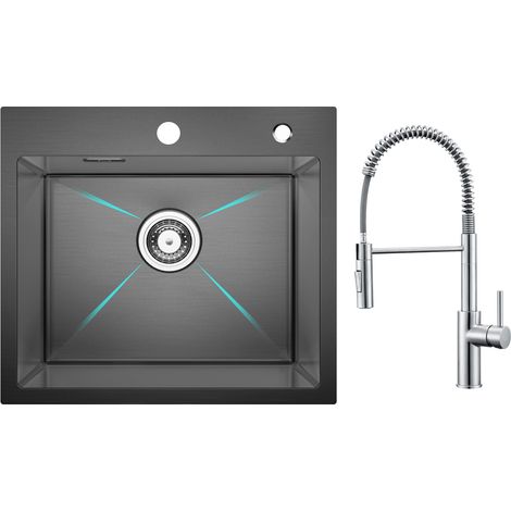 Cecipa Lavello Inox antracite Lavello 1 Vasca 50×45 cm Lavello Cucina + Miscelatore Cucina Spring con Doccetta Estraibile, Rubinetto Lavello 2 Modalità Uscita Acqua, Spazzolato (1/5)