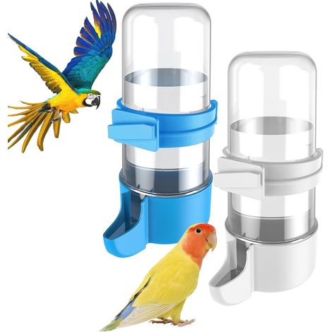 2 Pcs Distributeur d'eau Automatique pour Oiseaux, Mangeoire à Eau Automatique pour Oiseaux, Accessoires de Cage pour Perroquet & Hamster, Distributeur d'eau Blanc et Bleu pour Perruche