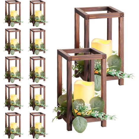 Mophorn Faroles de madera para bodas, set de 12 con velas LED y coronas florales, farolillos decorativos de 140 x 140 x 254,8 mm, candelabros para mesas rústicas en bodas y celebraciones, marrón (1/5)