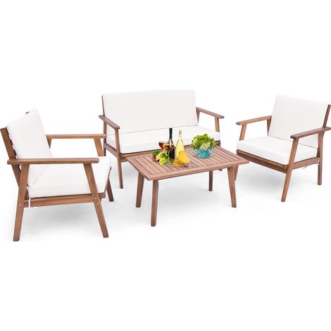 Ensemble de Salon de Jardin 4 Pièces, Canapé en Bois d'Acacia avec Coussins d'Assise et de Dossier, Table Basse Rectangulaire, pour Jardin, Blanc (1/5)