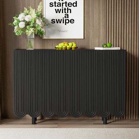 Buffet alto 120 cm, con 4 porte ondulate, ripiani, mobile in legno, cerniere di alta qualità, per soggiorno, sala da pranzo - Nero