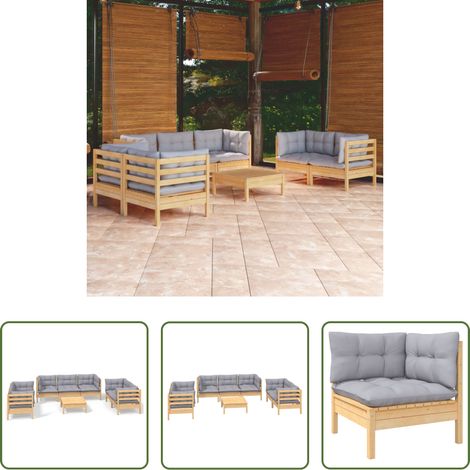 Terrassensofa - 8-tlg. Garten-Lounge-Set mit Grauen Kissen Kiefer Massivholz (1/5)
