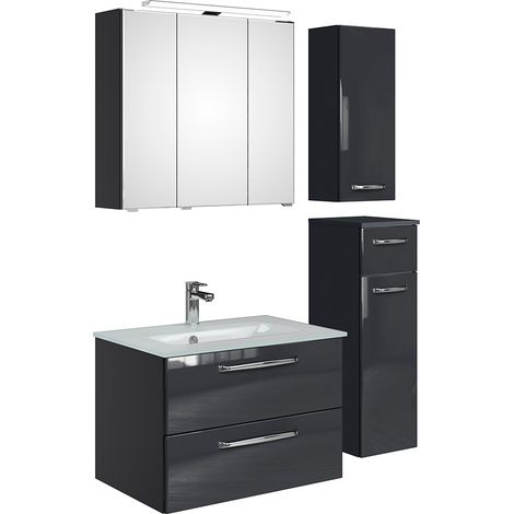 Badmöbel Set inkl. Glaswaschbecken und LED Beleuchtung TRENTO-66 in anthrazit Glanz, B/H/T: ca. 122/200/50 cm (1/5)