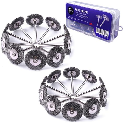 Metal Brush Set, 20 Pieces 1 Inch/25 mm Mini Metal Wheel with 3 mm Round Shank, Alloy Steel Metal Brush for Cleaning Rust, Paint, Stripping and Abrasion, for Drilling Attachment (1/5)