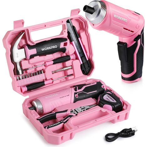 WORKPRO 18tlg. Werkzeugset Rosa mit Akkuschrauber und Werkzeugkoffer (1/5)