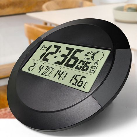 Reloj de pared (silencioso, inalámbrico, funciona con pilas, formato de 24 horas, calendario, día, termómetro, apto para montaje en pared o escritorio) Plástico, negro (1/3)