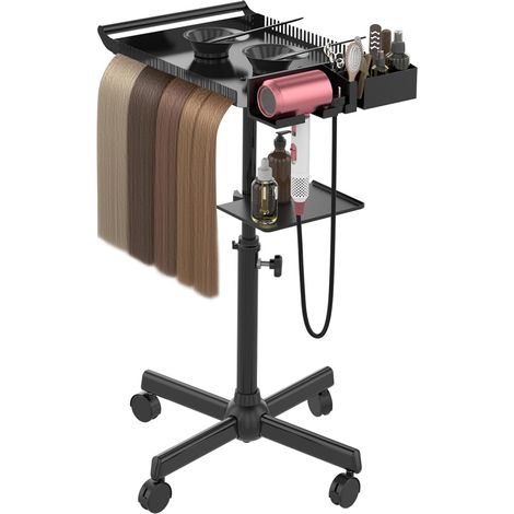 Plateau de coiffeur sur roulettes, plateau de salon roulant avec support et séparateur de cheveux, chariot de salon réglable avec plateforme de rangement, bols de teinture et outils pour coiffeur (1/5)