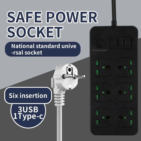 Steckdosenleiste mit USB- und USB-C-Anschlüssen, ideal für Zuhause und Büro, Verlängerungskabel mit runden Öffnungen, schwarzes Modell 4