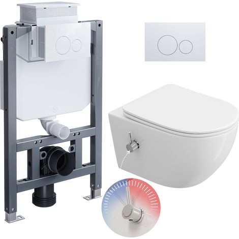HOROW WC sospeso senza brida con funzione bidet, set completo con telaio ad incasso e cassetta (1/5)