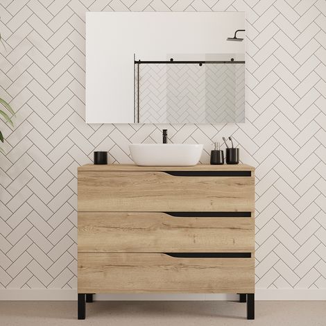 Meuble de salle de bain 100cm avec plateau et vasque à poser zeus - 3 tiroirs - madera miel (chêne clair) - MATA (1/5)