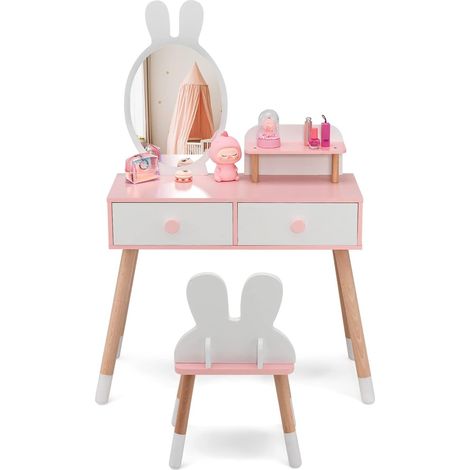 COSTWAY Kinder Schminktisch Set mit Kaninchen Design, 2-in-1-Frisiertisch mit Spiegel, 2 Schubladen & Aufbewahrungsregal, Schminkset mit Massivholzbeinen (Weiß (1/5)