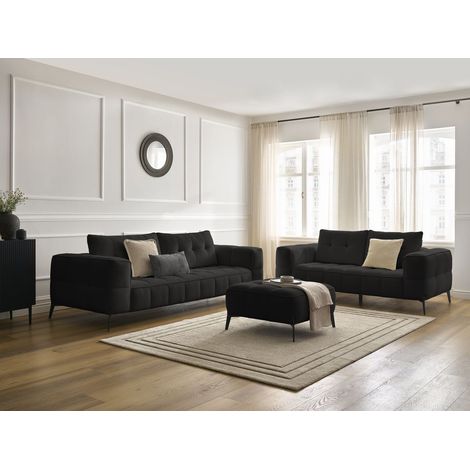 BOBOCHIC - Ensemble canapé droit fixe 3 + 2 places ANIS tissu texturé avec pouf Noir (1/5)