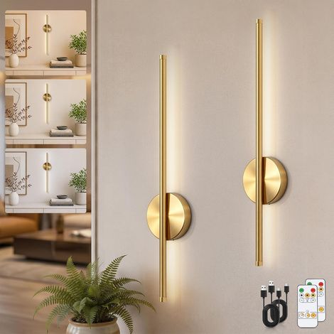 Gold Wireless Indoor Wall Light, Rechargeable Wall Lamp  4400 mAh Battery Operated Wall Light, Bedroom Wall Lamp with Remote Control, USB Modern Battery Wall Light, Pack of 2 (1/5)