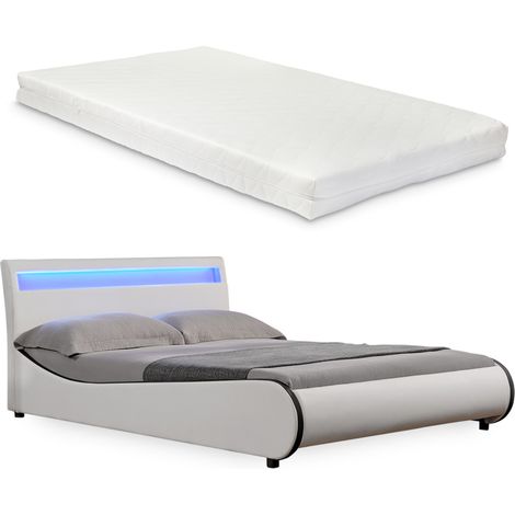 Kunstlederbett Valencia LED RGB Beleuchtung Kaltschaummatratze 140x200 cm Weiß Corium