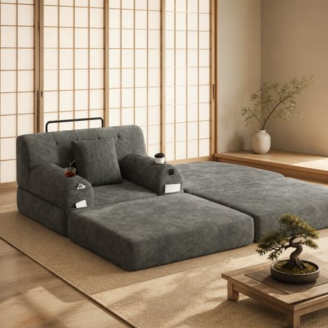 Sillón cama individual de pana con reposapiés, 2 portavasos, gris oscuro OKMYHOME (1/5)