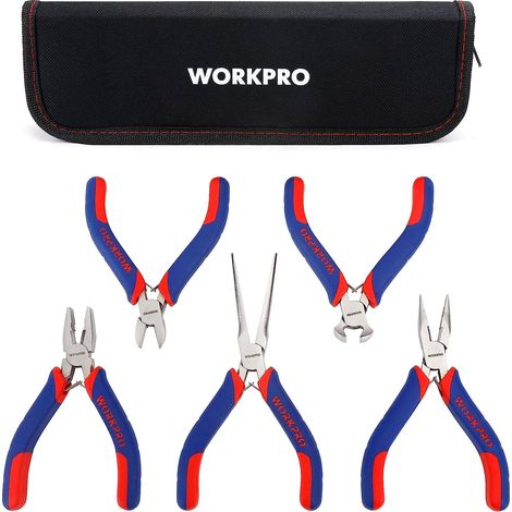 Workpro – Jeu de mini pinces en acier au carbone – Poignée ergonomique antidérapante – Sac de rangement nylon – 5 pièces pour travaux de précision