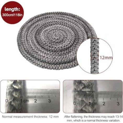 Cordon d'étanchéité pour poêle - - 12 mm x 3 m - Ignifugé - Fibre de verre - 4 bandes haute température - Flexible (1/4)