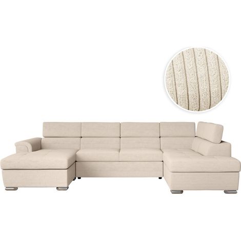 Loungitude – Canapé panoramique convertible en velours côtelé – 2 coffres de rangement – Beige – Grand confort pour salon contemporain (1/5)