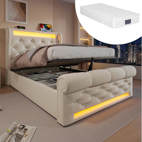 Cama con almacenaje LED 90x200 terciopelo OKMYHOME (1/5)
