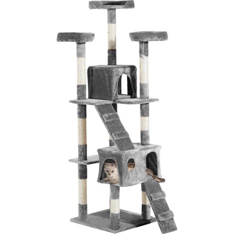 Rascador para gatos, 49 cm x 49 cm x 173 cm, cuatro niveles, madera reconstituida con tela de felpa, postes envueltos en sisal, ideal para gatos. (1/5)